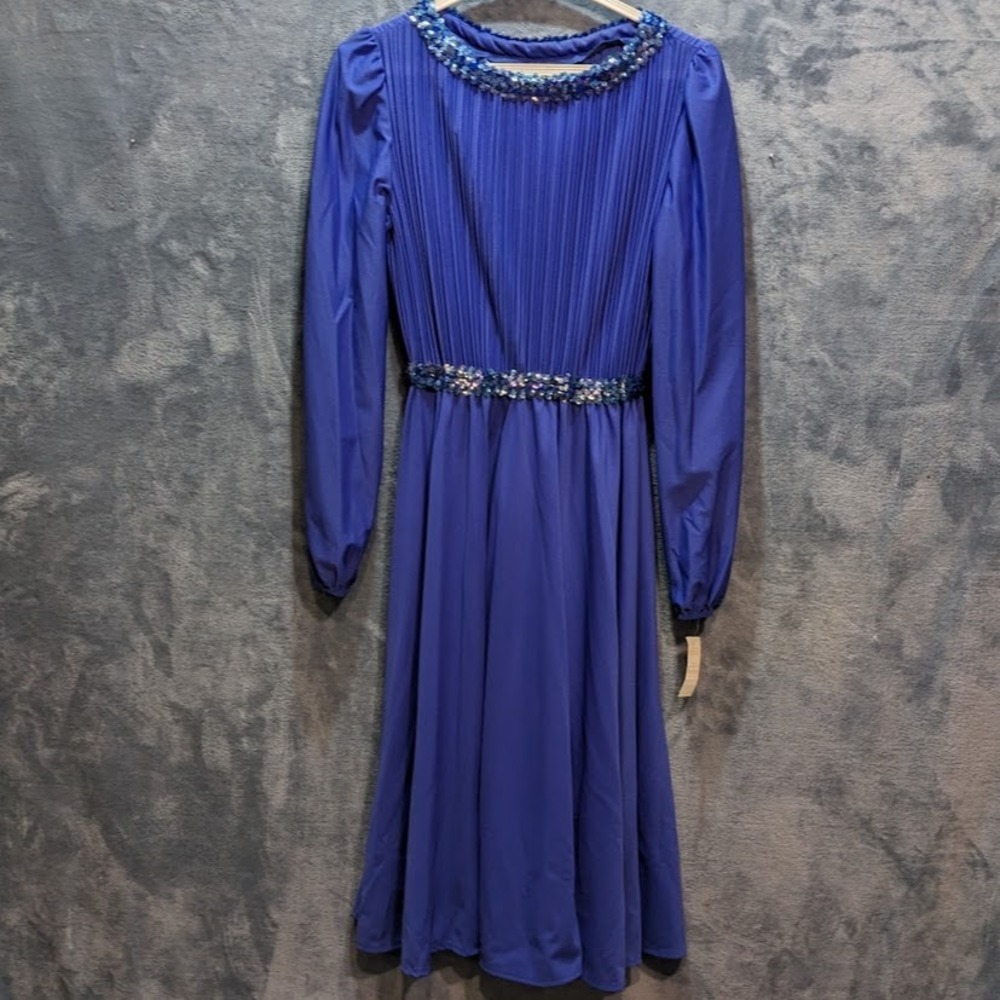 Vintage Boston Maid Blue Pleated Sequin Midi Dress Long Sleeve Size 8 USA Made